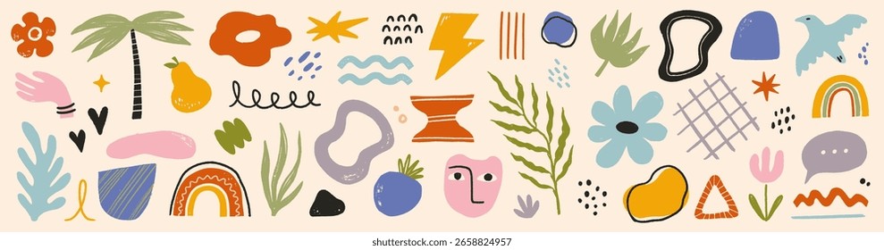 Shape abstract vector graphic icon set. Abstract graphic summer modern art element, flower doodle, geometric collage background. Trendy crayon scribble pastel texture. Vector illustration