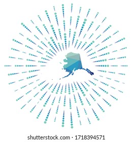 Forma de Alaska, arrebato poligonal de sol. Mapa del estado de nosotros con coloridos rayos de estrellas. Ilustración de Alaska en digital, tecnología, internet, estilo de red. Ilustración vectorial.
