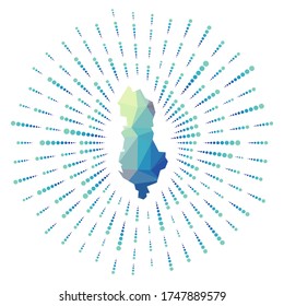 Shape of Albania, polygonal sunburst. Map of the country with colorful star rays. Albania illustration in digital, technology, internet, network style. Vector illustration.