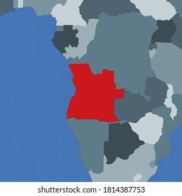 Shape of Angola in context of neighbor countries. Country highlighted with red color on world map. Angola map template. Vector illustration.