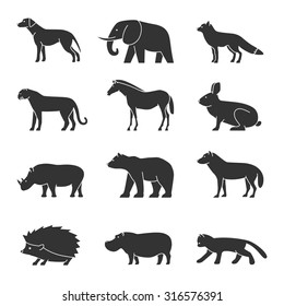 Shape animals set. Domestic and wild. Set of vector silhouette. Dog, cat, bear, fox, lion, horse, rabbit, rhino, bear and wolf.