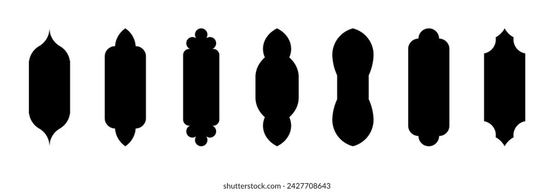 Form arabische Tür und Fenster Silhouette. Arabischer Bogensatz. Kollektionsrahmen im orientalischen Stil. Vektor schwarze Moschee Gate Form isoliert