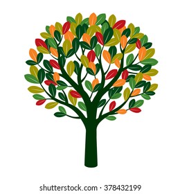 Shape of Autumn Tree with Color leaves. Vector outline Illustration. Seasonal tree and decorative element for print. 