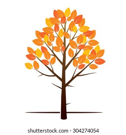 Shape of Autumn Tree with Leaves on white background. Vector outline Illustration.