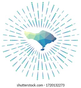 Shape of Bali, polygonal sunburst. Map of the island with colorful star rays. Bali illustration in digital, technology, internet, network style. Vector illustration.