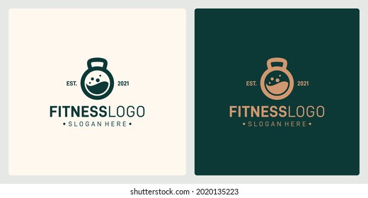 the shape of the barbell logo and the laboratory bottle logo. vector premium.