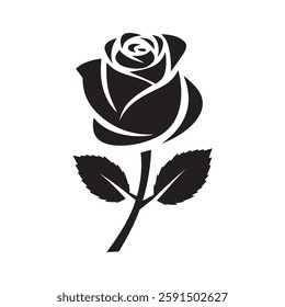 Shape of a beautiful single silhouette rose icon illustration. Vector rose symbol with white background.