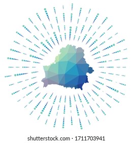 Shape of Belarus, polygonal sunburst. Map of the country with colorful star rays. Belarus illustration in digital, technology, internet, network style. Vector illustration.