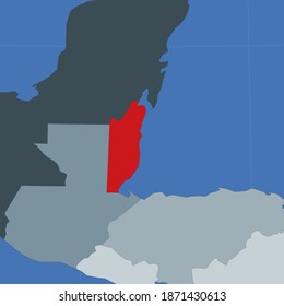Form des Belize im Kontext der Nachbarländer. Land mit roter Farbe auf der Weltkarte. Belize-Kartenvorlage. Vektorgrafik...