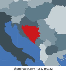 Shape of the Bosnia in context of neighbour countries. Country highlighted with red color on world map. Bosnia map template. Vector illustration.