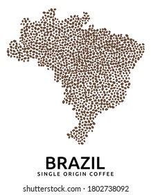 Shape of Brazil map made of scattered coffee beans, country name below