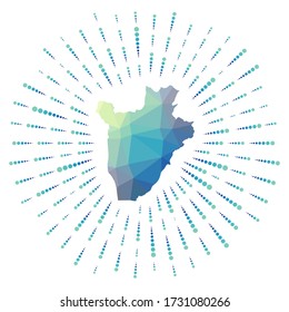 Shape of Burundi, polygonal sunburst. Map of the country with colorful star rays. Burundi illustration in digital, technology, internet, network style. Vector illustration.