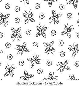 Shape butterfly and flower black line pattern on white background. Great for wallpaper, web background, wrapping paper, fabric, packaging, greeting cards, invitations and more.