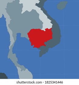 Shape of Cambodia in context of neighbor countries. Country highlighted with red color on world map. Cambodia map template. Vector illustration.