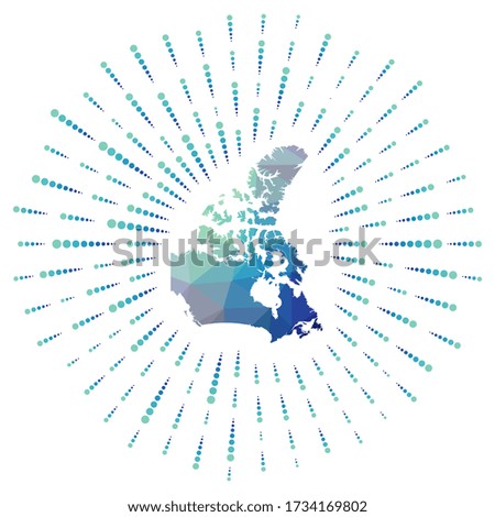Shape of Canada, polygonal sunburst. Map of the country with colorful star rays. Canada illustration in digital, technology, internet, network style. Vector illustration.