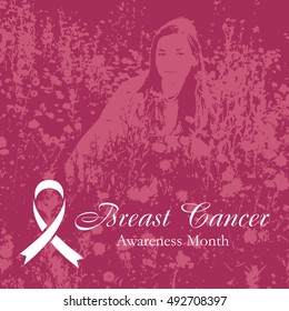 Shape of cancer ribbon on dark pink background with woman sitting in grass. National Breast Cancer Awareness Month. Vector illustration