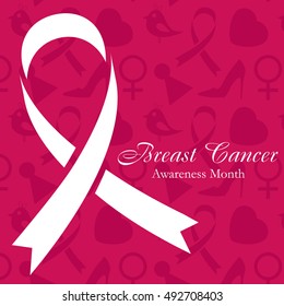 Shape of cancer ribbon on dark pink background with women's accessories. National Breast Cancer Awareness Month. Vector illustration