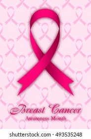 Shape of cancer ribbon on pale pink seamless background with ribbons. National Breast Cancer Awareness Month. Vector illustration