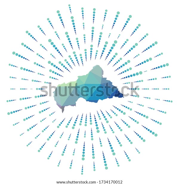 Shape of CAR, polygonal\
sunburst. Map of the country with colorful star rays. CAR\
illustration in digital, technology, internet, network style.\
Vector illustration.
