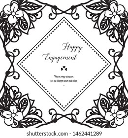 Shape of cards, lettering of happy engagement, elegant floral frame. Vector
