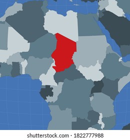 Shape of Chad highlighted in red on a world map, showing its location in relation to neighboring countries. Vector illustration.