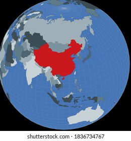 Shape of the China in context of neighbour countries. Country highlighted with red color on world map. China map template. Vector illustration.