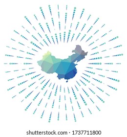 Shape of China, polygonal sunburst. Map of the country with colorful star rays. China illustration in digital, technology, internet, network style. Vector illustration.