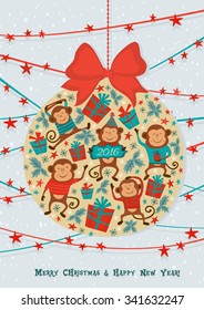 Shape of Christmas ball with monkeys, present boxes, holly branches. Card template. Vector illustrations.