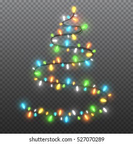 Shape of  christmas tree garlands, festive decorations. Glowing lights isolated on transparent background. Vector objects.