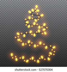 Shape Of  Christmas Tree Garlands, Festive Decorations. Glowing Lights Isolated On Transparent Background. Vector Objects.