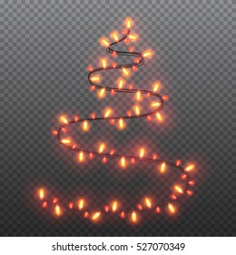 Shape of  christmas tree garlands, festive decorations. Glowing lights isolated on transparent background. Vector objects.