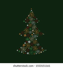The shape of the Christmas tree of snowflakes of different colors and sizes. The object is isolated on a dark background. Can be used as a postcard template. Vector hand drawn object for decor