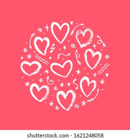 Shape of circle. Hand drawn hearts on red background. Vector illustration. For decoration Valentine's day. For greeting card, banners, web, decoration of the storefront, printing on textile, crockery.