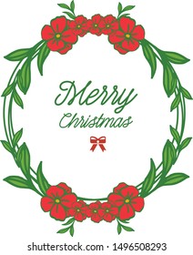 Shape circle red wreath frame and green leaves, for greeting card lettering merry christmas. Vector