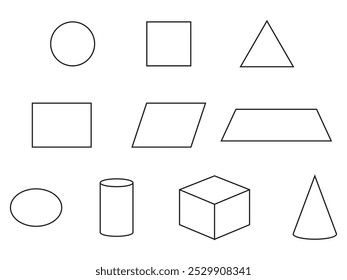 Form des Kreises, Quadrat, Dreieck, Rechteck, Parallelogramm, Trapez, Oval, Zylinder, Würfel und Kegel. 
Illustration in Kontur und Vektorformat.