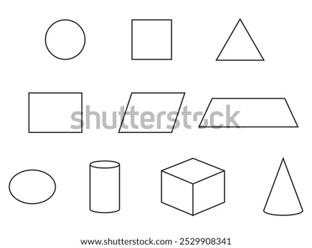 Shape of circle, square, triangle, rectangle, parallelogram, trapezoid, oval, cylinder, cube and cone. 
Illustration in outline and vector format.