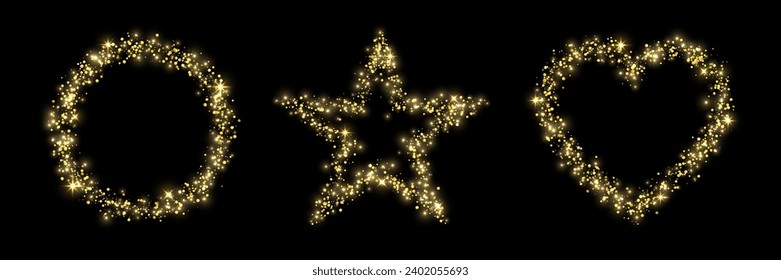 Círculo de forma, estrella, brillo dorado de corazón amarillo con luces sobre fondo negro. Vector