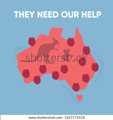 Shape of coala and kangaroo on island surrounded by fire. Pray for Australia poster. Australia on fire. Save, forest, disaster. Vector illustration