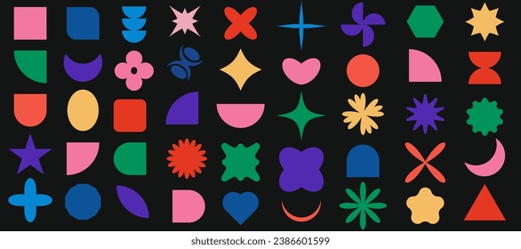 Shape collection. Brutalist abstract geometric shapes and grids. Brutal contemporary figure star oval spiral flower and other primitive elements. y2k