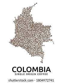 Shape of Colombia map made of scattered coffee beans, country name below