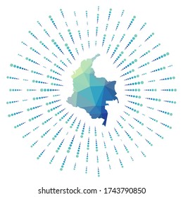Forma de Colombia, arrebato poligonal. Mapa del país con coloridos rayos de estrellas. Ilustración colombiana en digital, tecnología, internet, estilo de red. Ilustración vectorial.