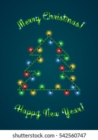 Shape of colorful christmas tree garlands. Background color can be changed without loosing the glow effect. Vector illustration.