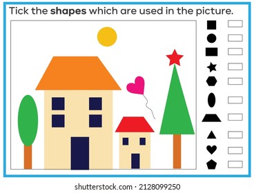 Shape concept worksheet.  IQ test. Tick the correct answer. Set of logical tasks composed of geometric shapes. Kids activity sheet, Shape  learning worksheet.
