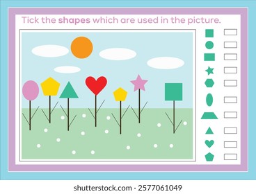 Shape concept worksheet. IQ test. Tick the correct answer. Set of logical tasks composed of geometric shapes. Kids activity sheet, Shape learning worksheet.