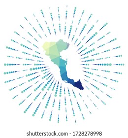 Shape of Corfu, polygonal sunburst. Map of the island with colorful star rays. Corfu illustration in digital, technology, internet, network style. Vector illustration.