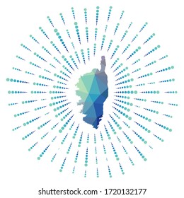 Forma de Córcega, arrebato poligonal de sol. Mapa de la isla con coloridos rayos de estrellas. Córcega ilustración en digital, tecnología, internet, estilo de red. Ilustración vectorial.