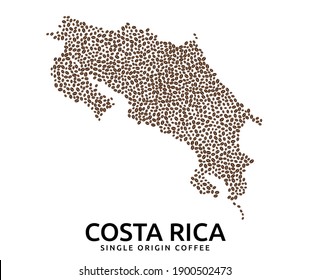 Shape of Costa Rican map made of scattered coffee beans, country name below