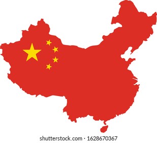 Shape of country of China, red color filled with national stars representing the flag