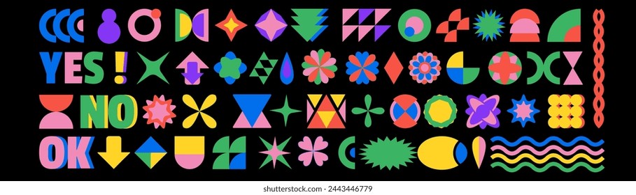 Shape crazy. Heart, flowers and colorful abstract geometric forms. Frame and border element retro style, happy y2k icon, pattern design banner, art love. Poster digital flyer. Vector future graphic
