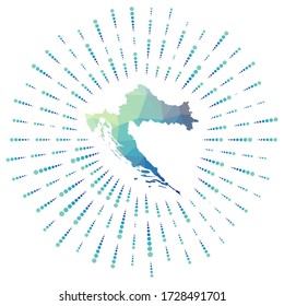 Shape of Croatia, polygonal sunburst. Map of the country with colorful star rays. Croatia illustration in digital, technology, internet, network style. Vector illustration.